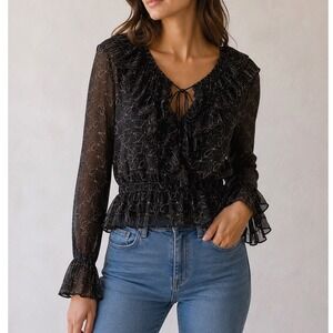 Robert Rodriguez Silk Ruffle Peplum Blouse Black Geometric 4 Victorian Edwardian